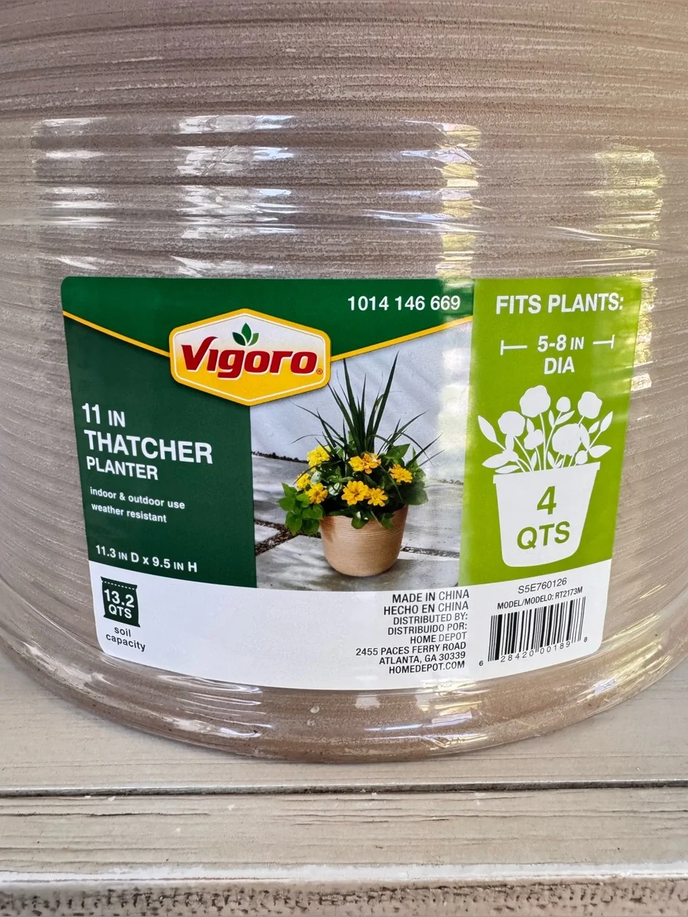 Vigoro Thatcher Medium Beige Round Planter 11.3” Plastic Pot w/ Drainage Hole